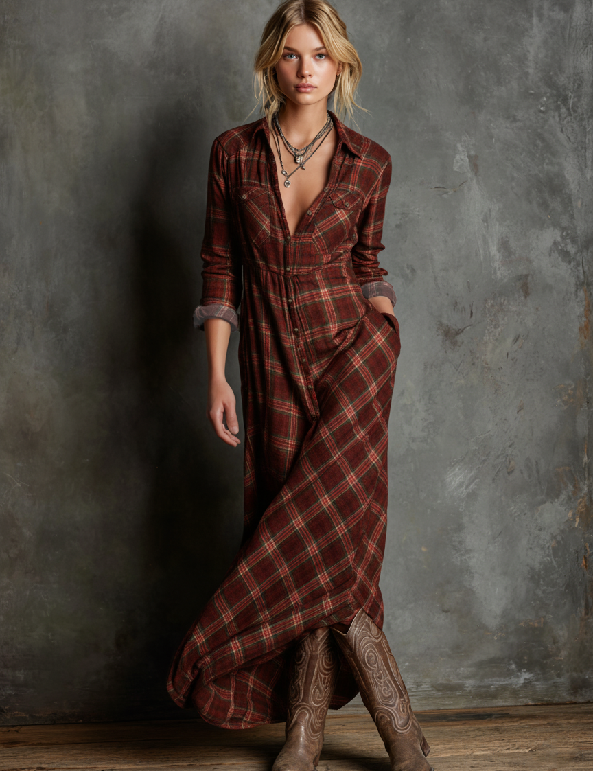 Women's Plaid Lapel Single-Breasted Shirt Long Dress Long Sleeve Cowgirl Casual Elegant – Green Tartan