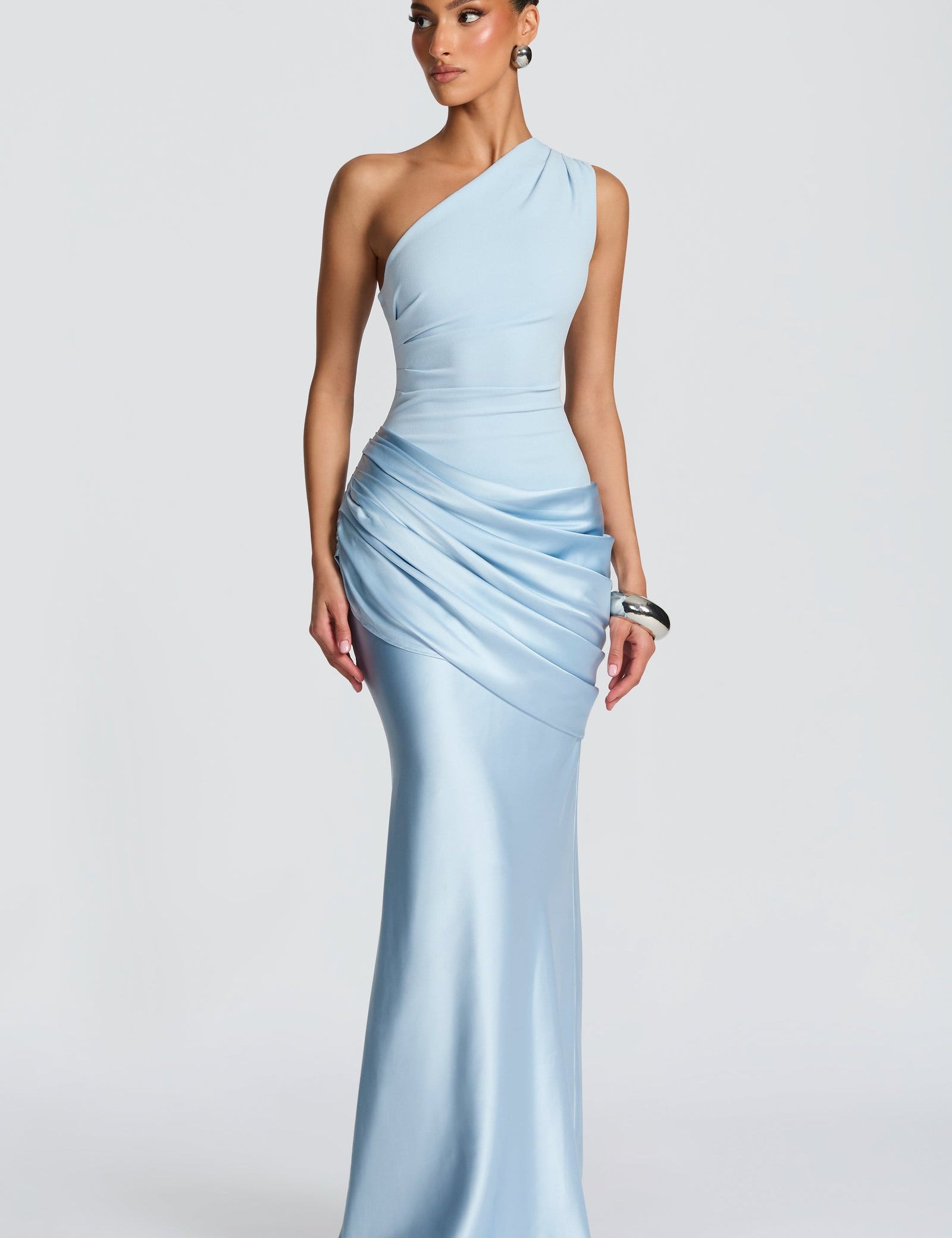 Women's Elegant One-Shoulder Satin Long Dress Crepe Bodice Draped Wedding Guest Formal Party Dress – Ophelia Chocolate