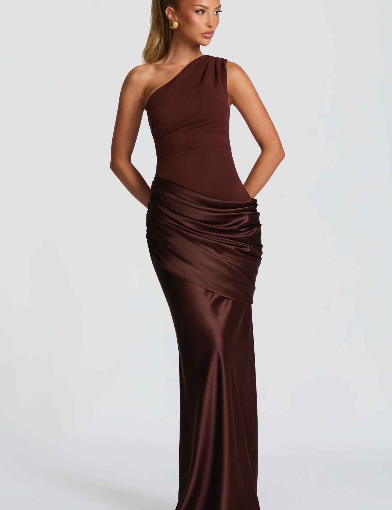 Women's Elegant One-Shoulder Satin Long Dress Crepe Bodice Draped Wedding Guest Formal Party Dress – Ophelia Chocolate