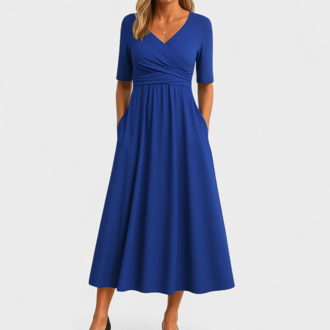 Women's V-Neck Short Sleeve Jersey Midi Dress Wedding Guest Formal Elegant Casual Wrap – Jessica