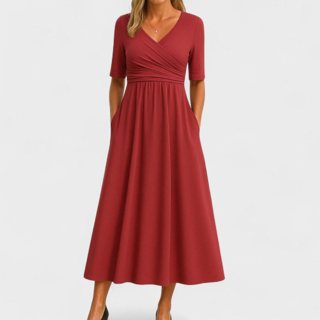 Women's V-Neck Short Sleeve Jersey Midi Dress Wedding Guest Formal Elegant Casual Wrap – Jessica