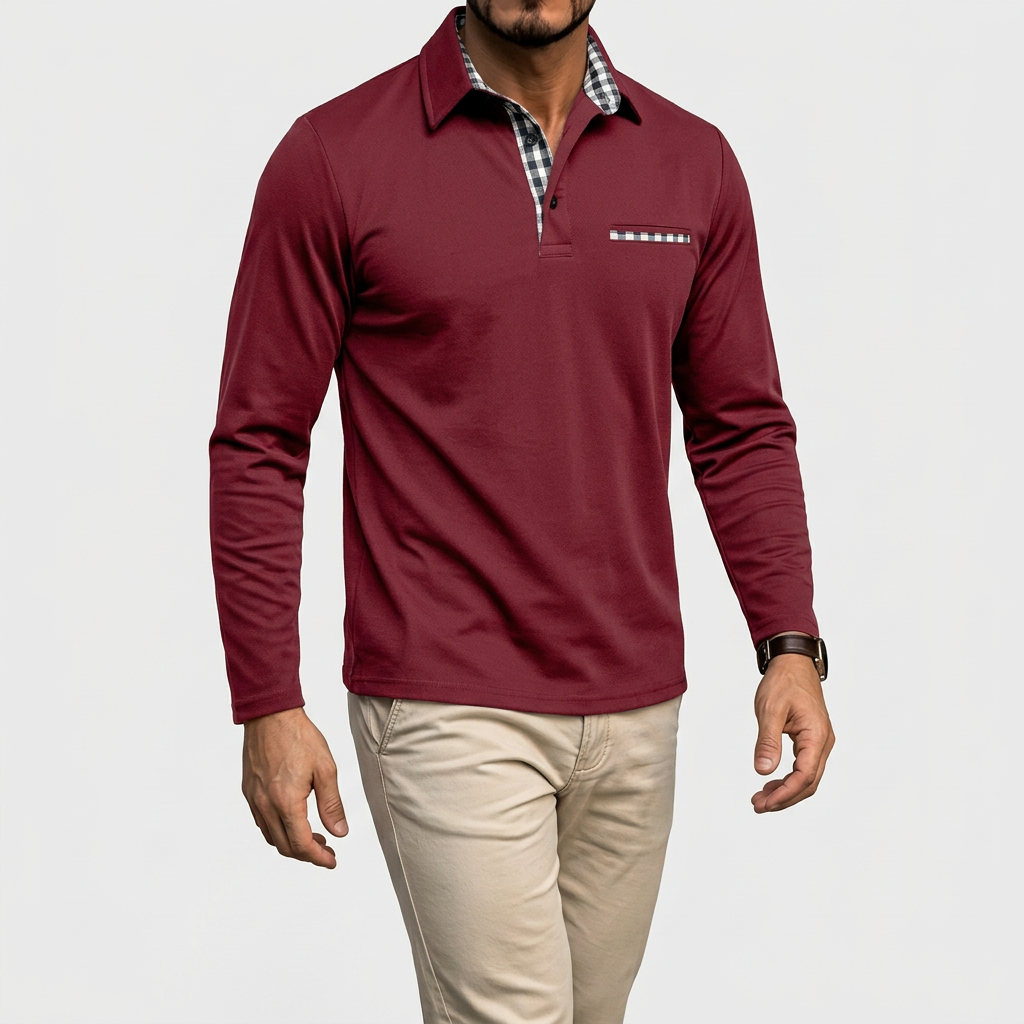 Men's Long Sleeve Polo Shirt Pointed Collar Button Placket Chest Pocket Tailored Fit Casual Business Smart Casual – Grey