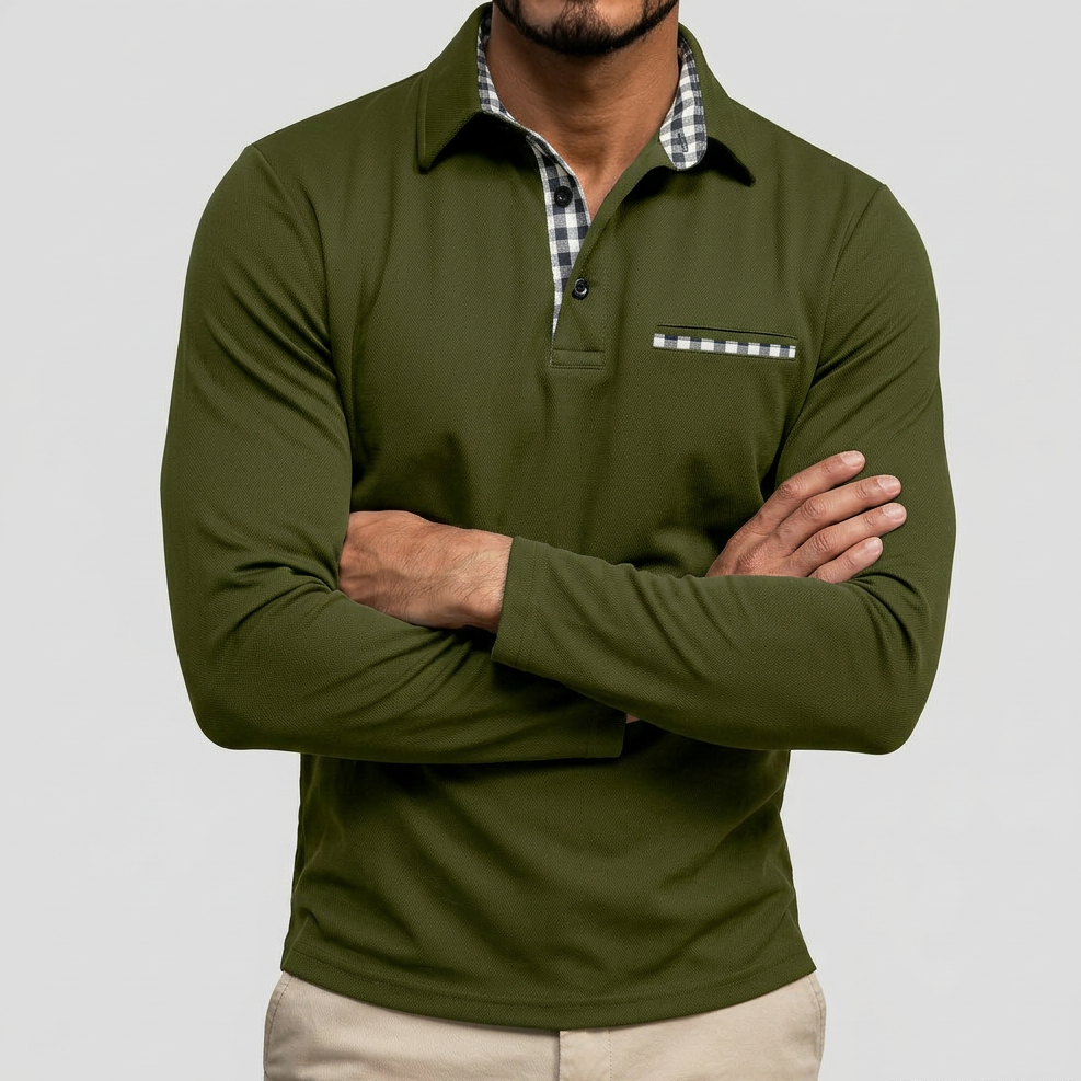 Men's Long Sleeve Polo Shirt Pointed Collar Button Placket Chest Pocket Tailored Fit Casual Business Smart Casual – Grey