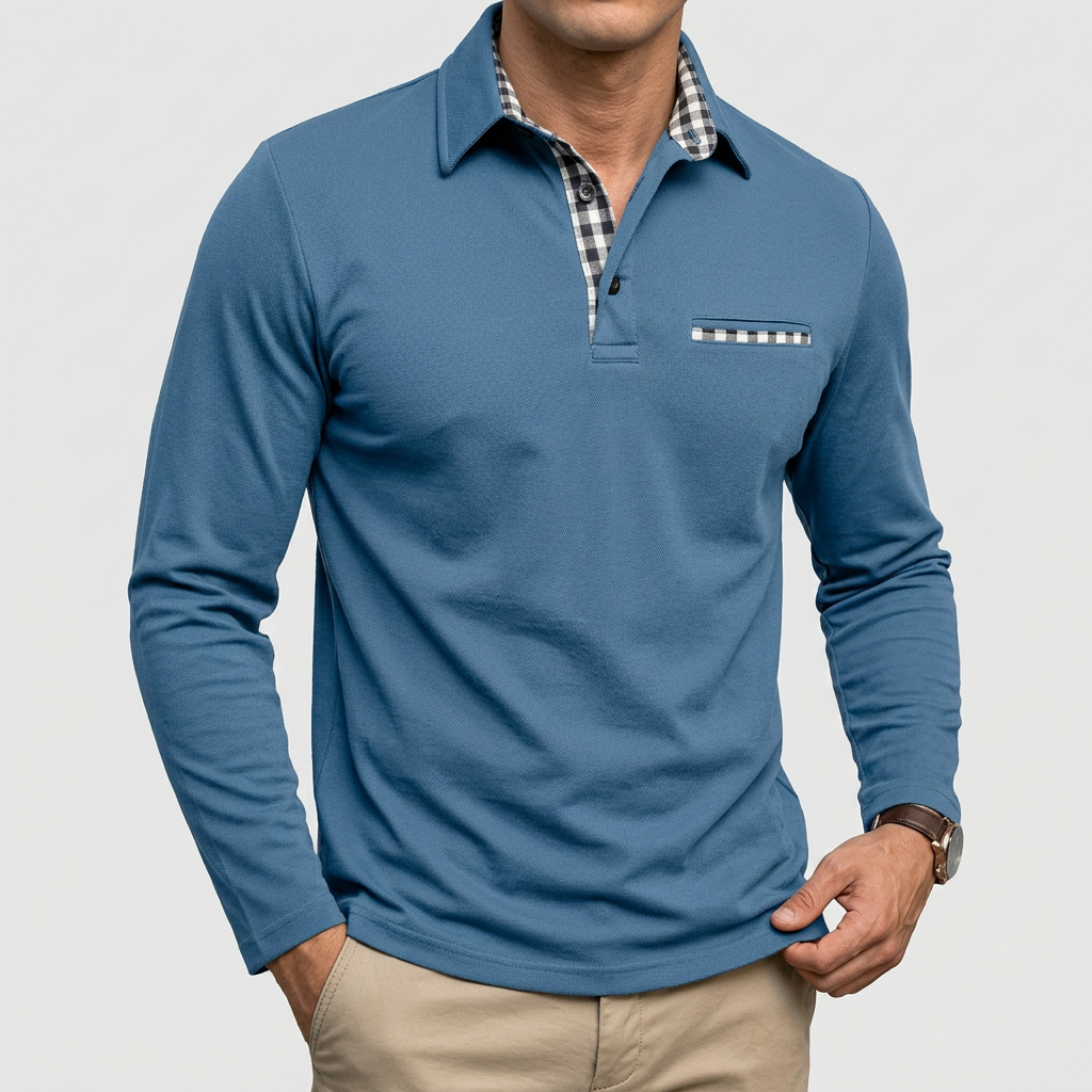 Men's Long Sleeve Polo Shirt Pointed Collar Button Placket Chest Pocket Tailored Fit Casual Business Smart Casual – Grey