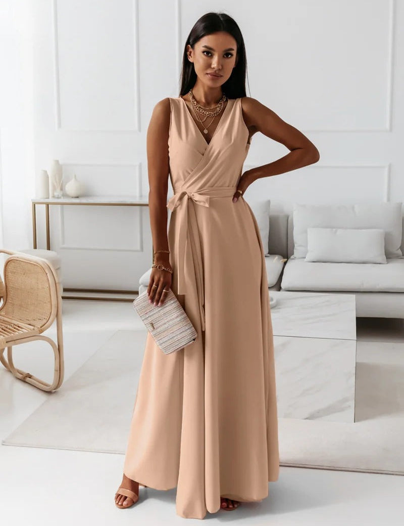 Women's Long Wedding Guest Dress Elegant Wrap Bodice Fluid Silhouette Formal Ceremony Gown