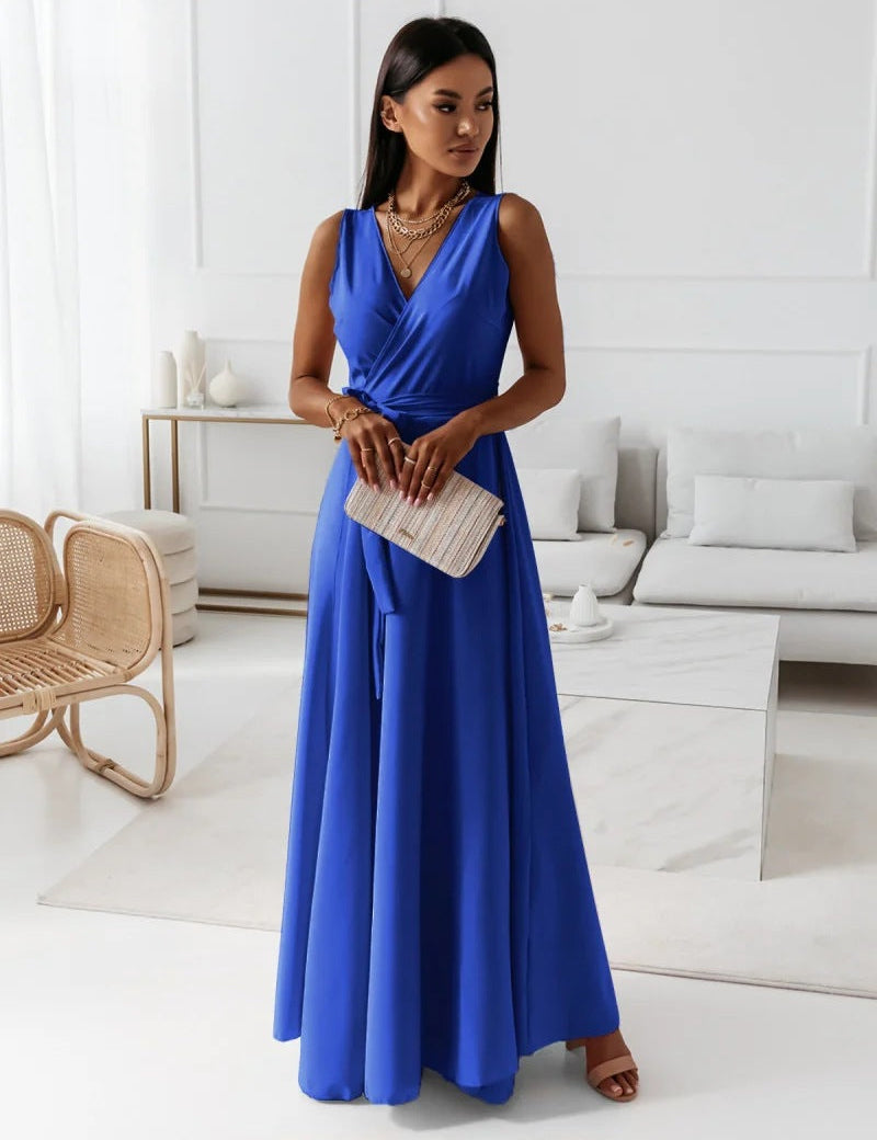 Women's Long Wedding Guest Dress Elegant Wrap Bodice Fluid Silhouette Formal Ceremony Gown