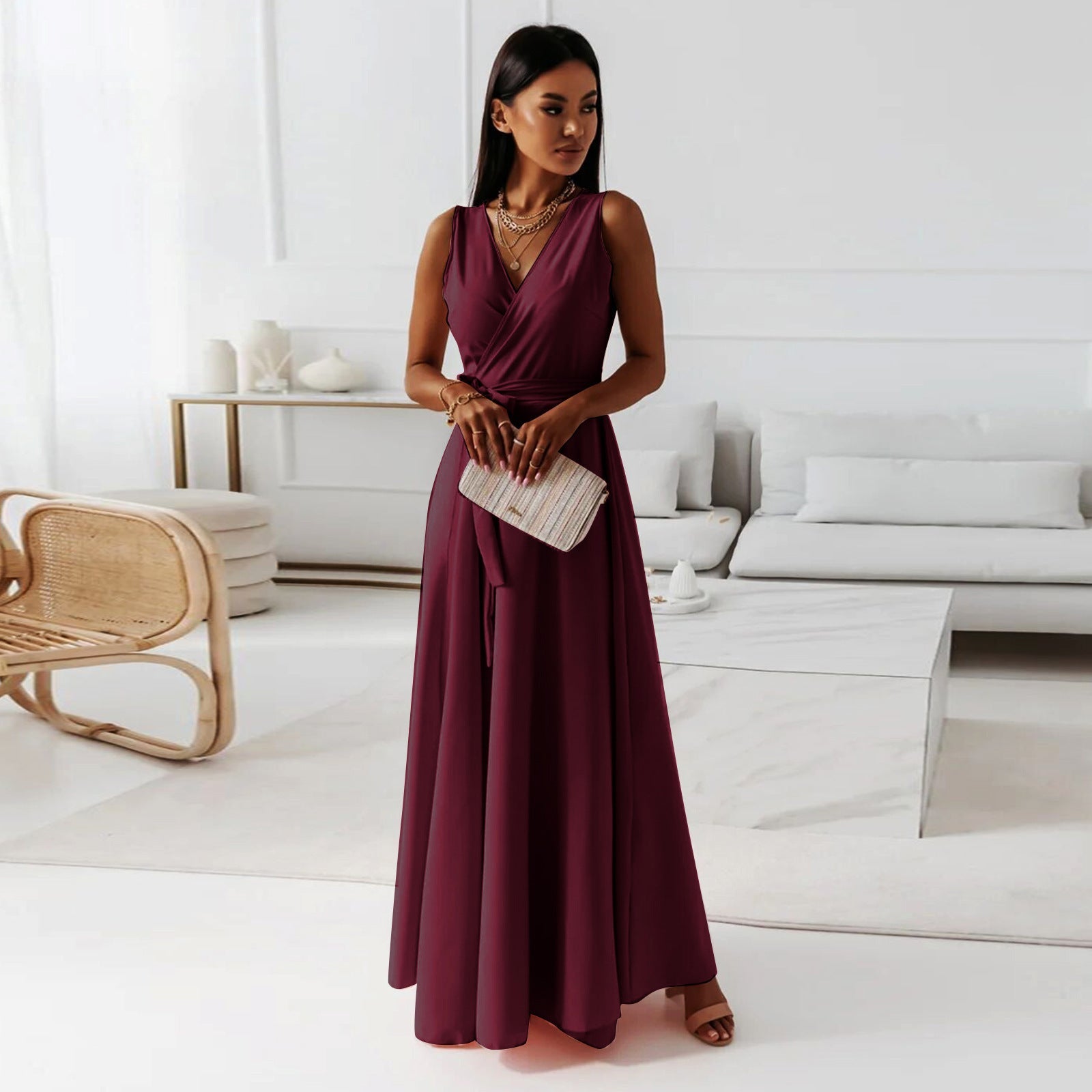 Women's Long Wedding Guest Dress Elegant Wrap Bodice Fluid Silhouette Formal Ceremony Gown
