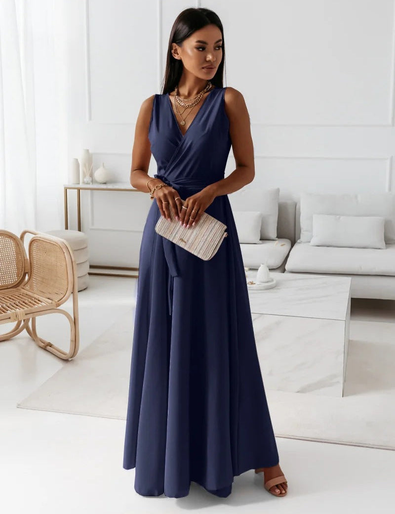 Women's Long Wedding Guest Dress Elegant Wrap Bodice Fluid Silhouette Formal Ceremony Gown