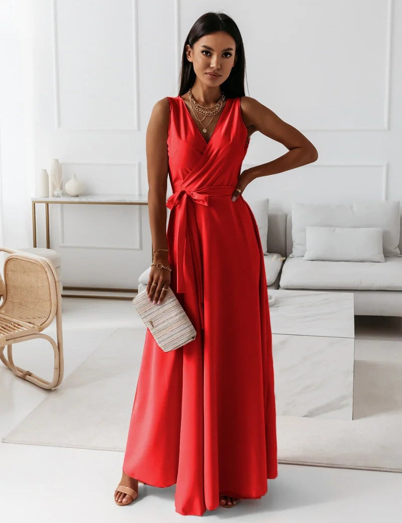 Women's Long Wedding Guest Dress Elegant Wrap Bodice Fluid Silhouette Formal Ceremony Gown