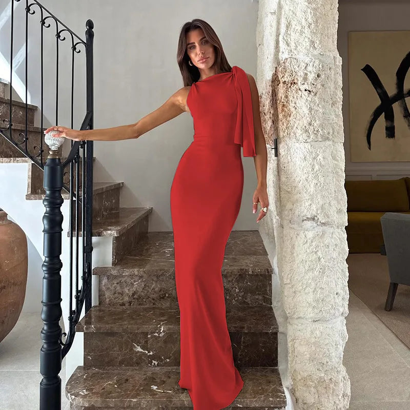 Women's Solid O-Neck Sleeveless Patchwork Bodycon Long Dress Slim Fit A-Line Formal Evening Party Date Night Wedding Guest Gala – Naomi