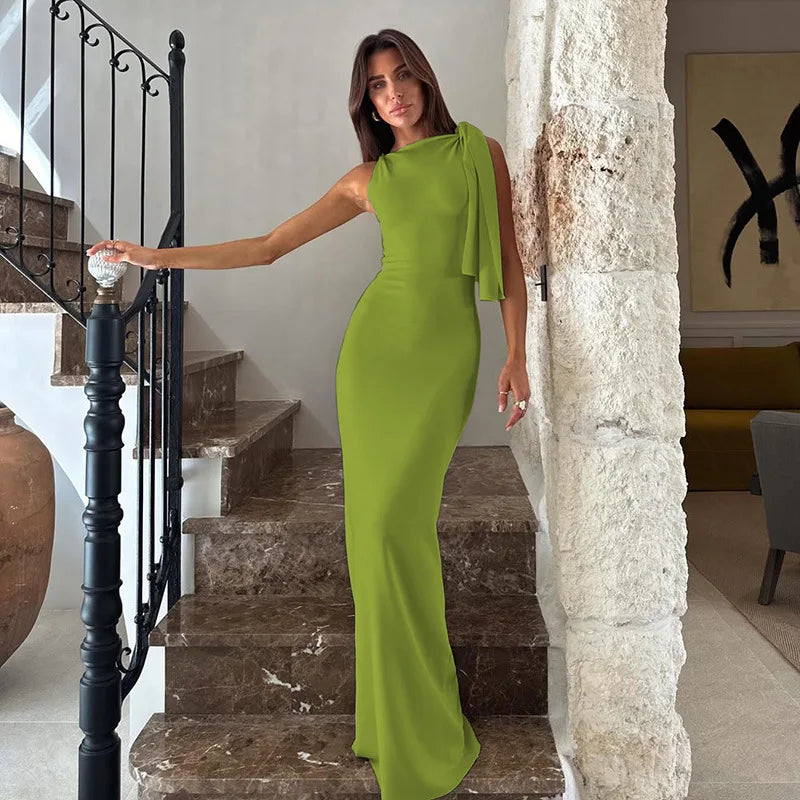 Women's Solid O-Neck Sleeveless Patchwork Bodycon Long Dress Slim Fit A-Line Formal Evening Party Date Night Wedding Guest Gala – Naomi