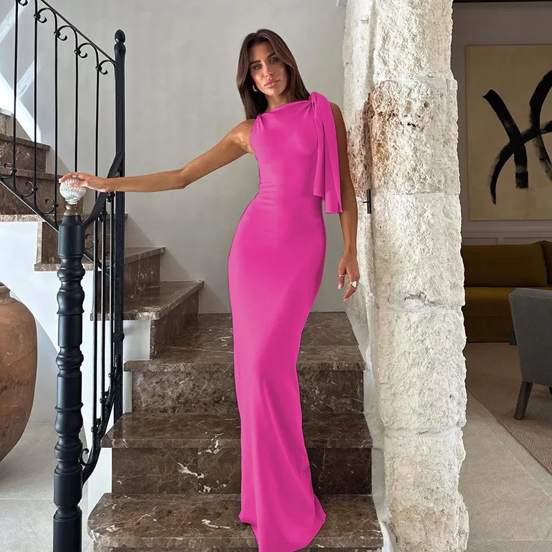Women's Solid O-Neck Sleeveless Patchwork Bodycon Long Dress Slim Fit A-Line Formal Evening Party Date Night Wedding Guest Gala – Naomi