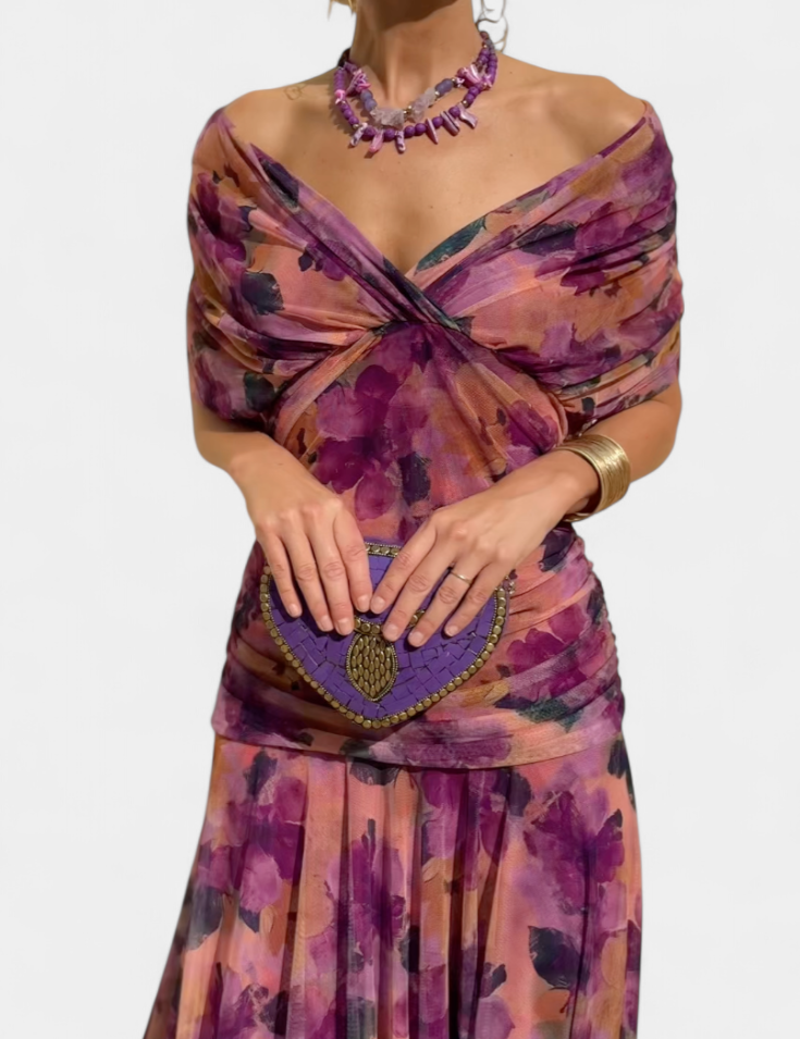 Women's Elegant Off-Shoulder Midi Dress Draped Ruched Bodice Floral Feminine Wedding Guest, Party – Lowenna