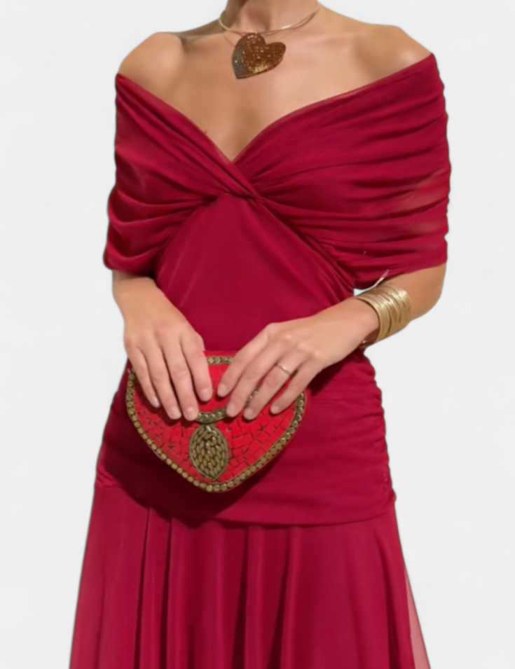 Women's Elegant Off-Shoulder Midi Dress Draped Ruched Bodice Floral Feminine Wedding Guest, Party – Lowenna