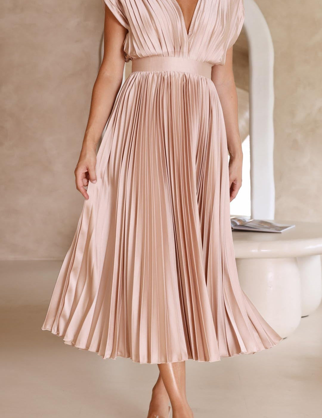 Women's Elegant Pleated Midi Dress V-Neck Wrap Flowing Wedding Guest Casual Evening Formal – Maria