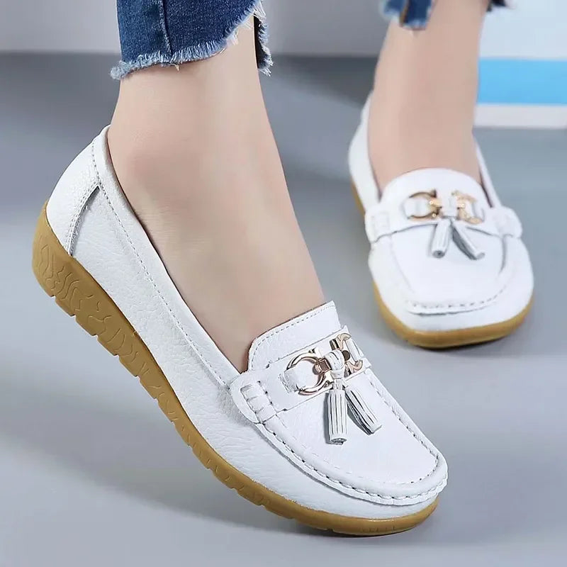 Women's Leather Moccasin Loafers Slip-On Flat Arch Support Casual Everyday Shoes