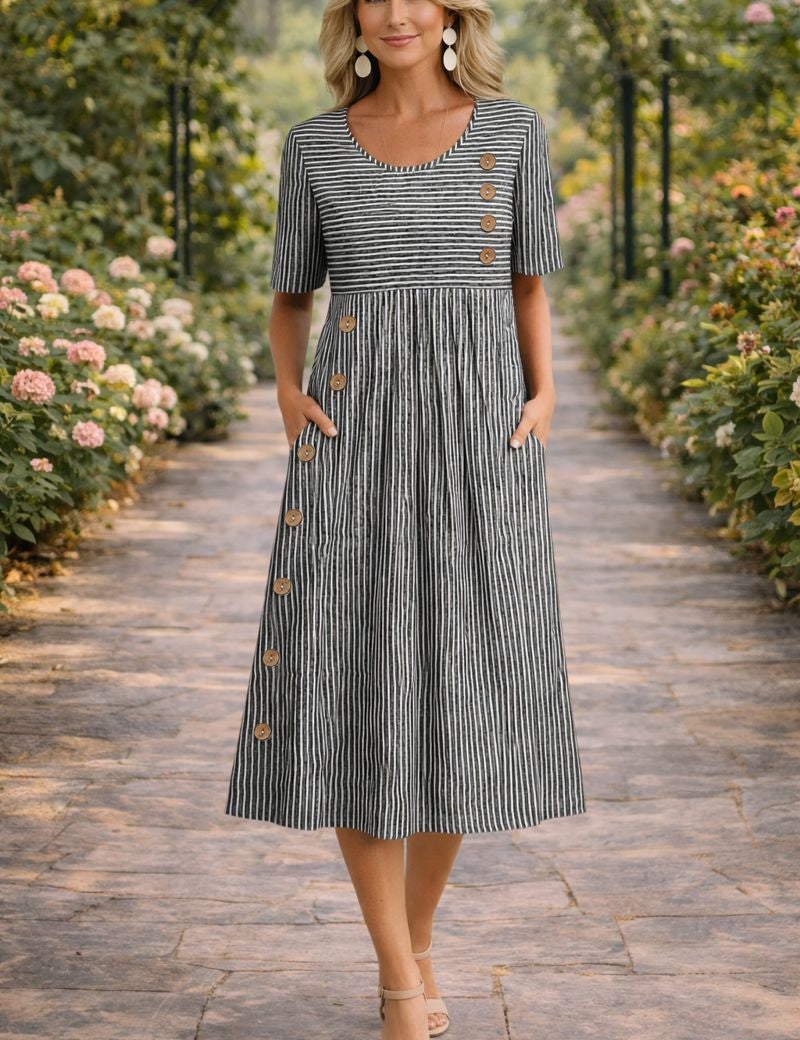 Women's Striped Button-Front Midi Dress Short Sleeve Round Neck Side Pockets A-Line Casual Summer Everyday Brunch Garden – Wanda