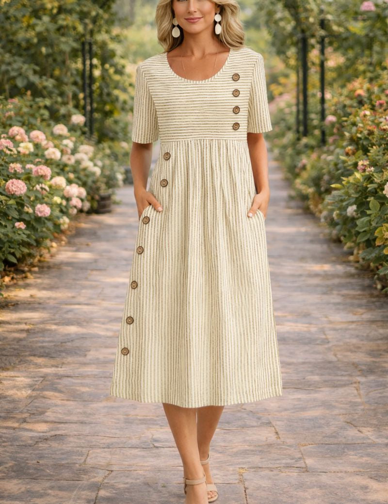 Women's Striped Button-Front Midi Dress Short Sleeve Round Neck Side Pockets A-Line Casual Summer Everyday Brunch Garden – Wanda