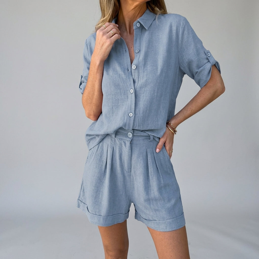 Women’s Button Shirt and Shorts Two-Piece Set