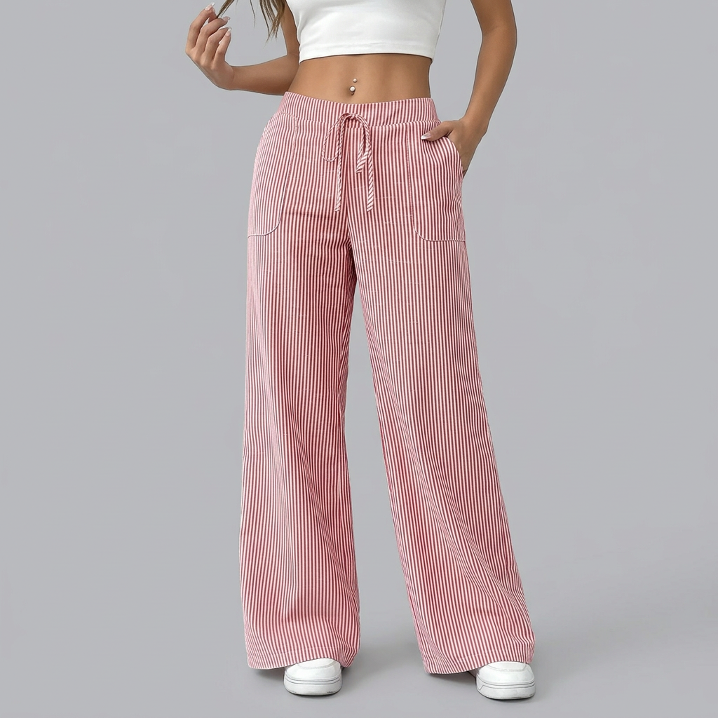 Women’s Elastic Waist Striped Wide-Leg Pants with Drawstring