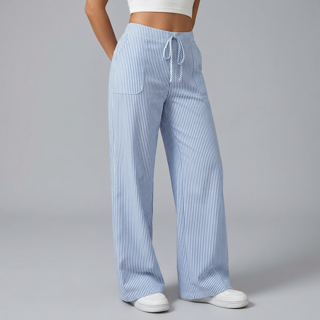 Women’s Elastic Waist Striped Wide-Leg Pants with Drawstring