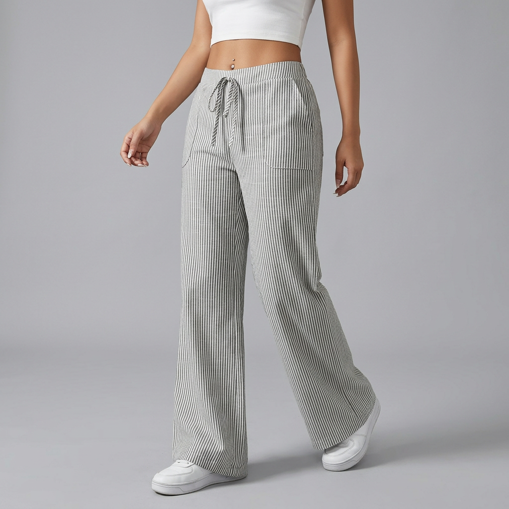 Women’s Elastic Waist Striped Wide-Leg Pants with Drawstring
