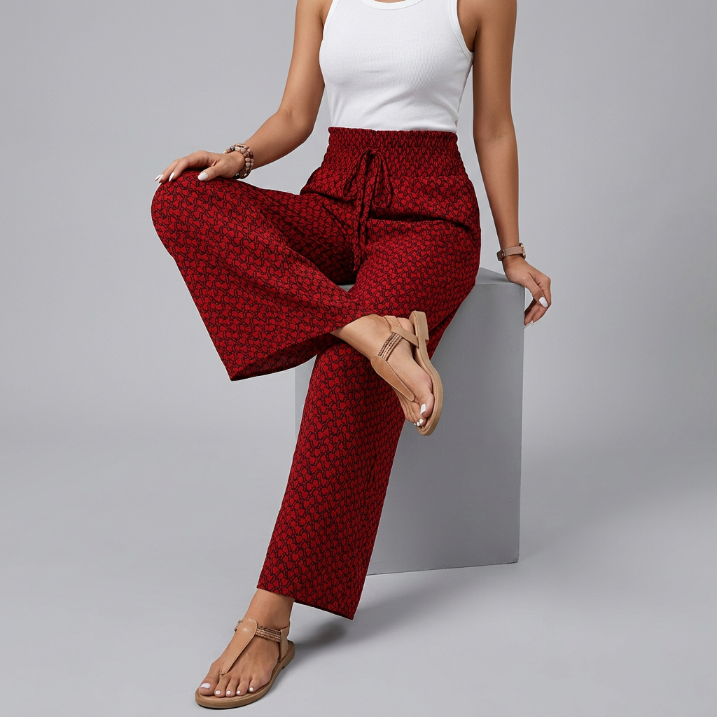 Women’s Elastic Waist Wide-Leg Summer Trousers with Printed Pattern