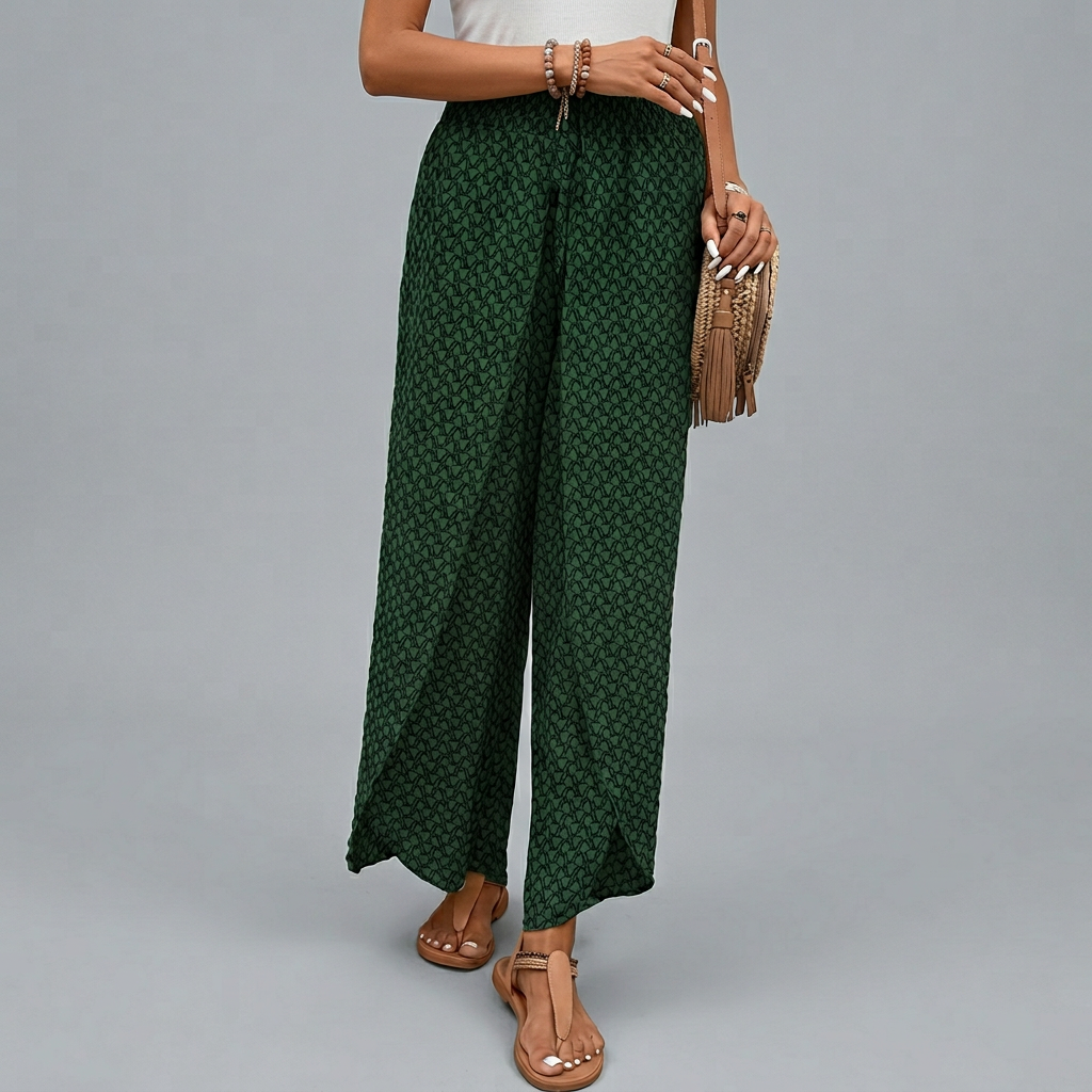 Women’s Elastic Waist Wide-Leg Summer Trousers with Printed Pattern