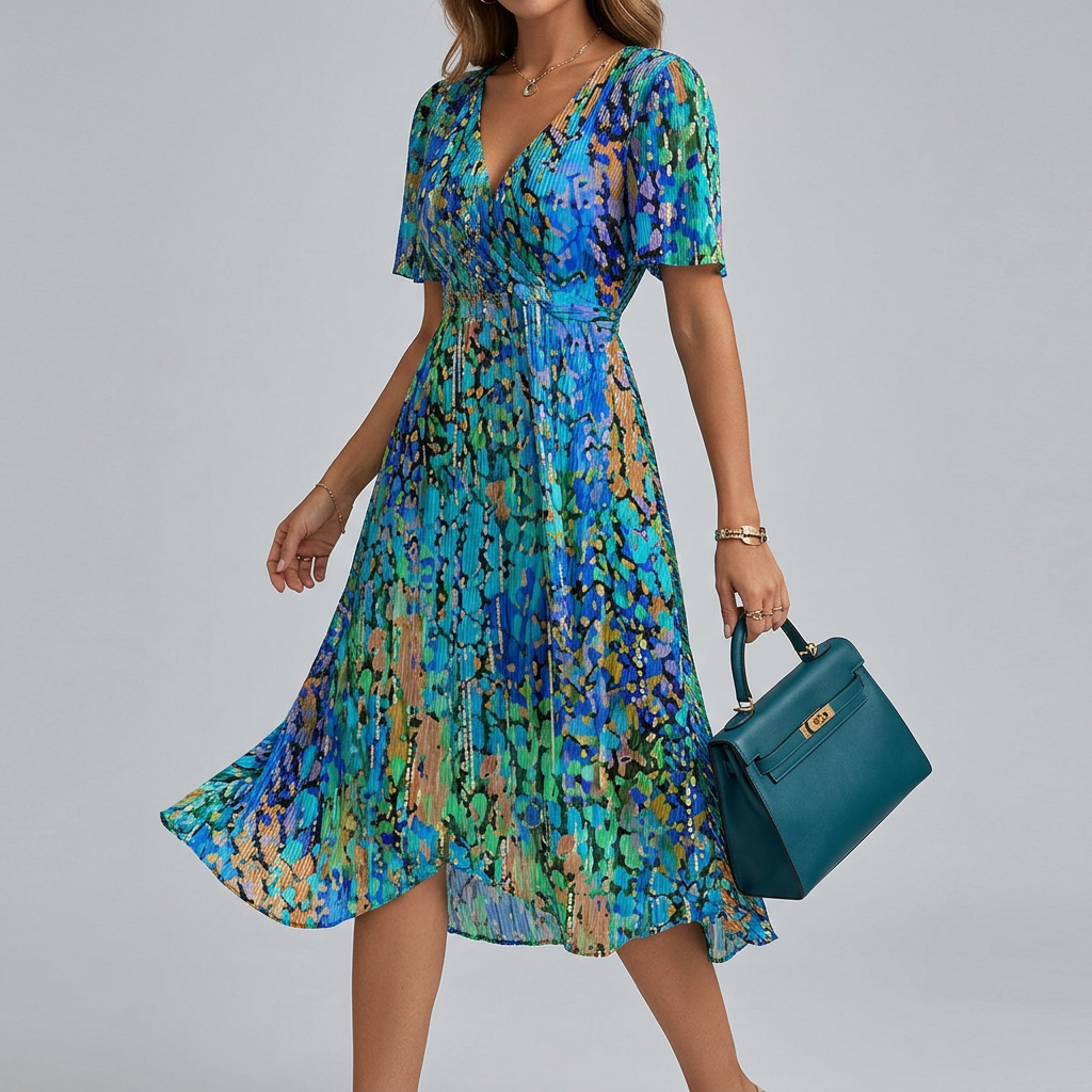 Women’s Floral Midi Summer Dress with Flutter Sleeves