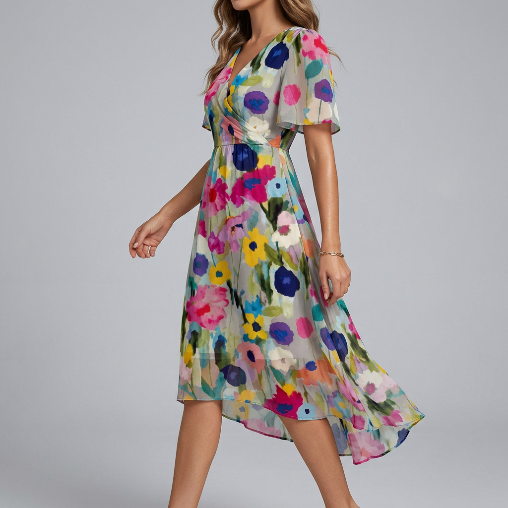 Women’s Floral Midi Summer Dress with Flutter Sleeves