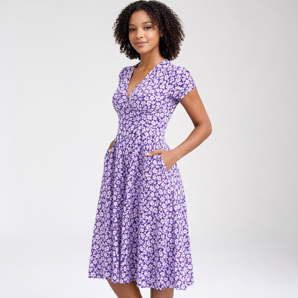 Women’s Floral V-Neck Short Sleeve Midi Dress with Pockets