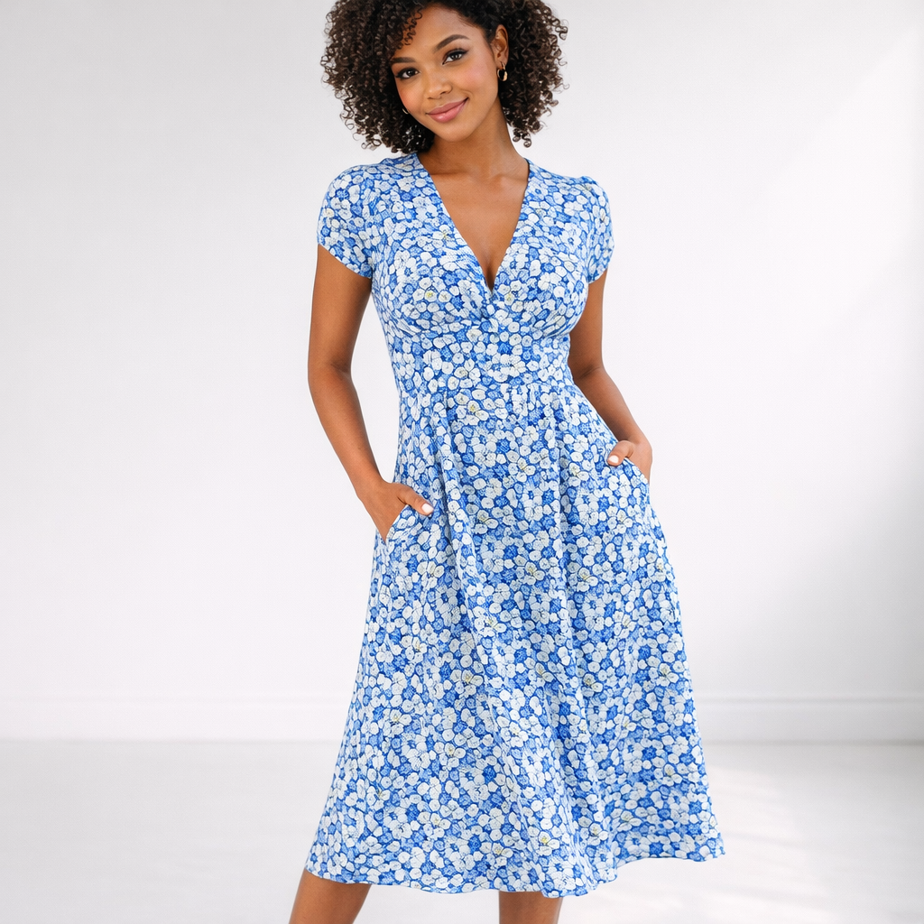 Women’s Floral V-Neck Short Sleeve Midi Dress with Pockets