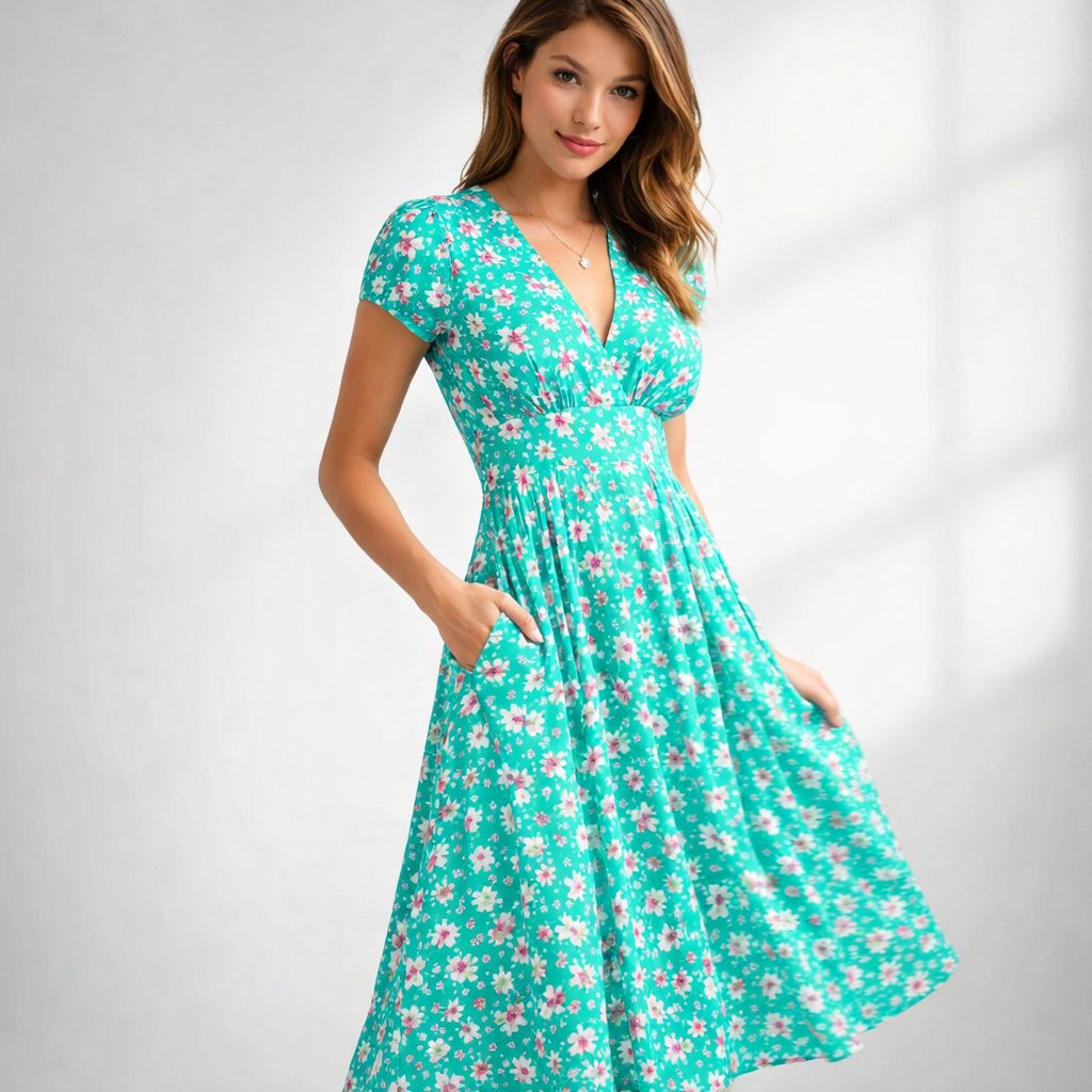 Women’s Floral V-Neck Short Sleeve Midi Dress with Pockets