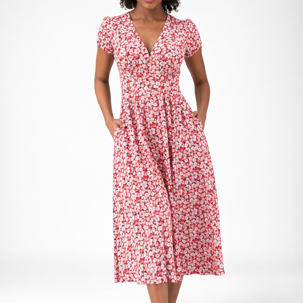 Women’s Floral V-Neck Short Sleeve Midi Dress with Pockets