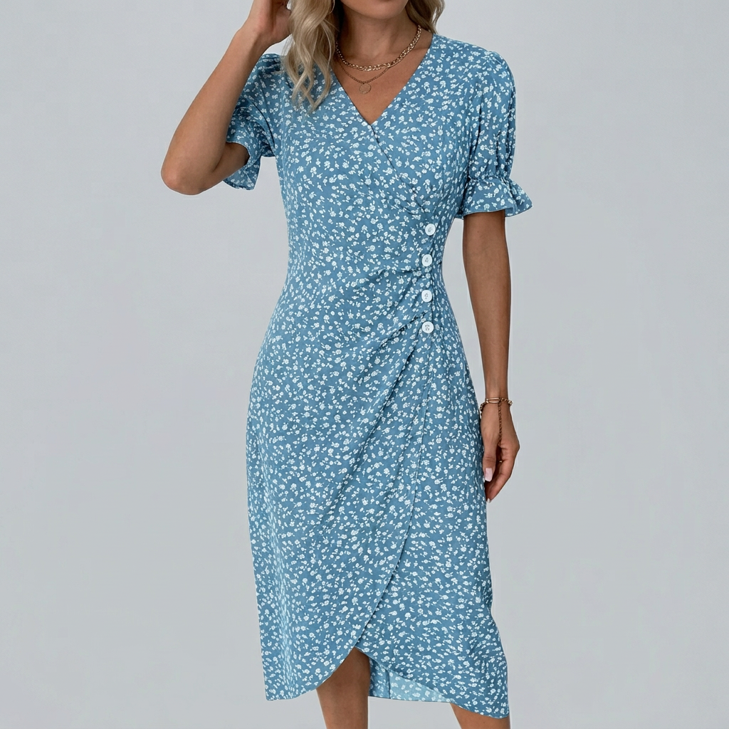 Women’s Floral V-Neck Wrap Dress with Side Buttons