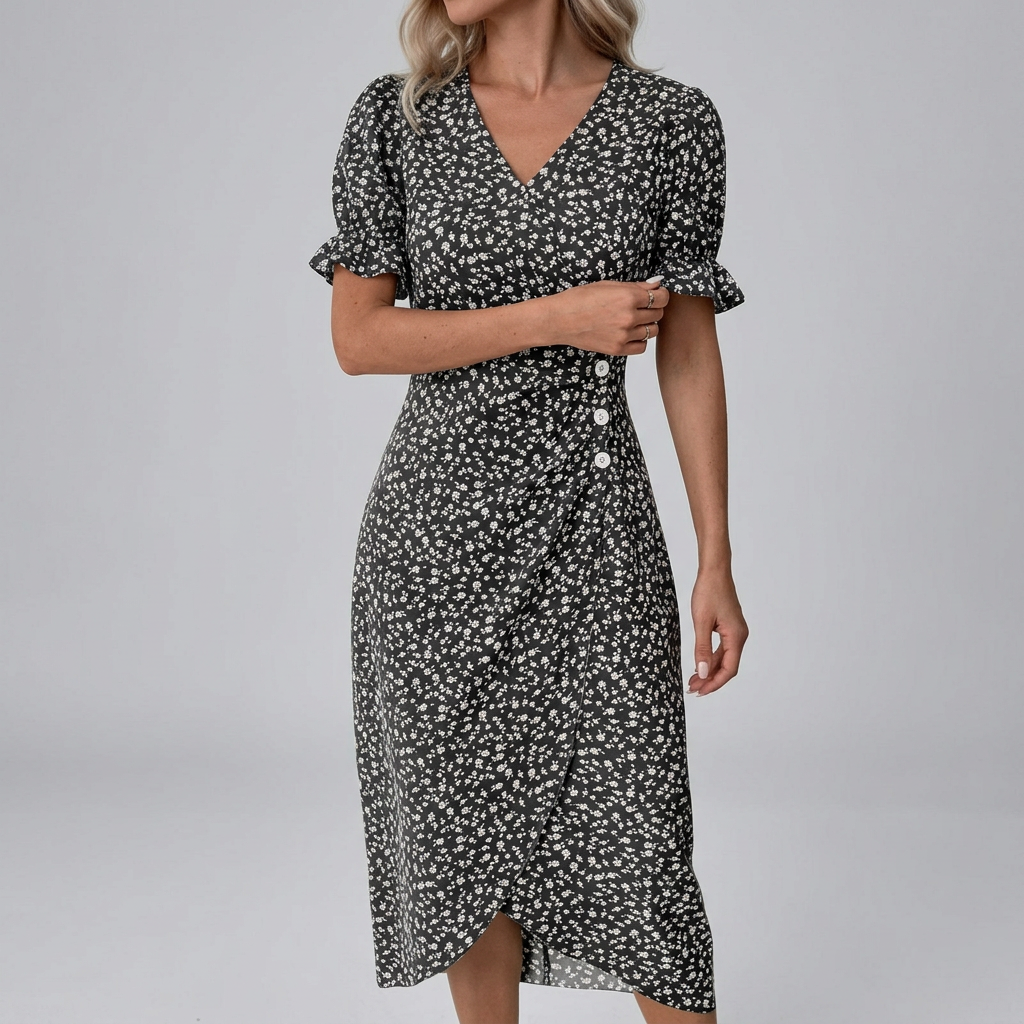Women’s Floral V-Neck Wrap Dress with Side Buttons