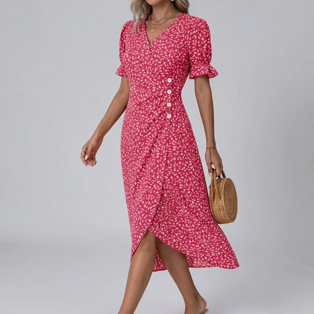 Women’s Floral V-Neck Wrap Dress with Side Buttons