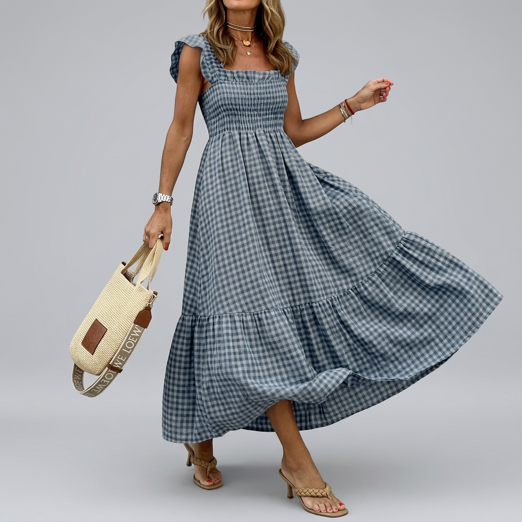 Women’s Gingham Smocked Strap Maxi Dress