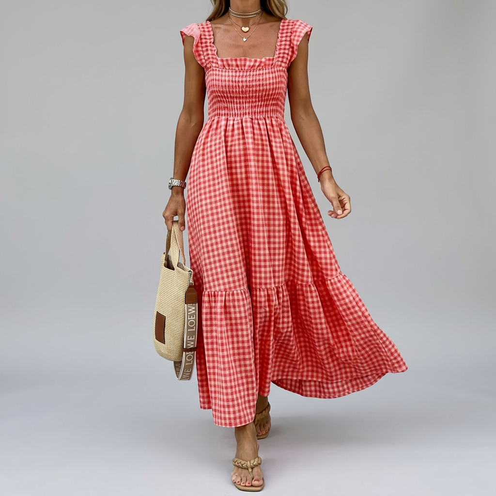 Women’s Gingham Smocked Strap Maxi Dress