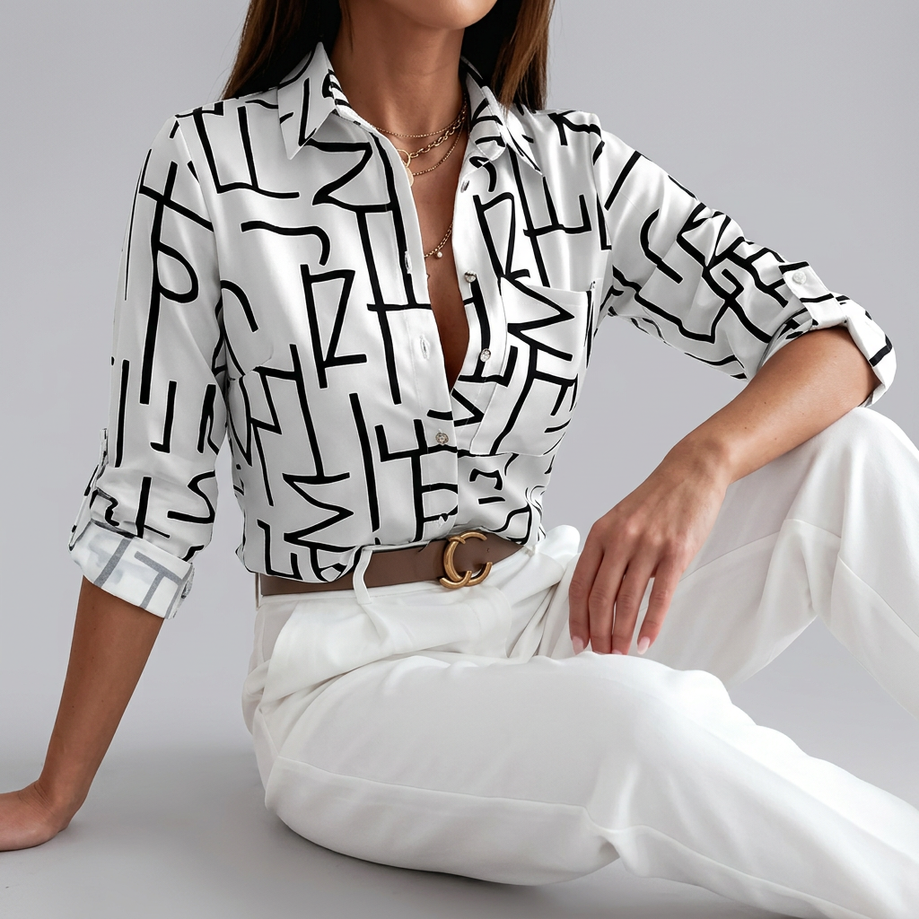 Women’s Long Sleeve Button Up Collared Printed Shirt