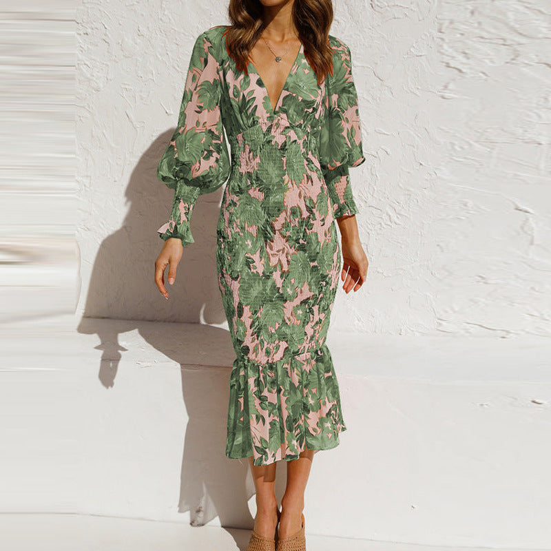 Women’s Long Sleeve V-Neck Floral Midi Dress
