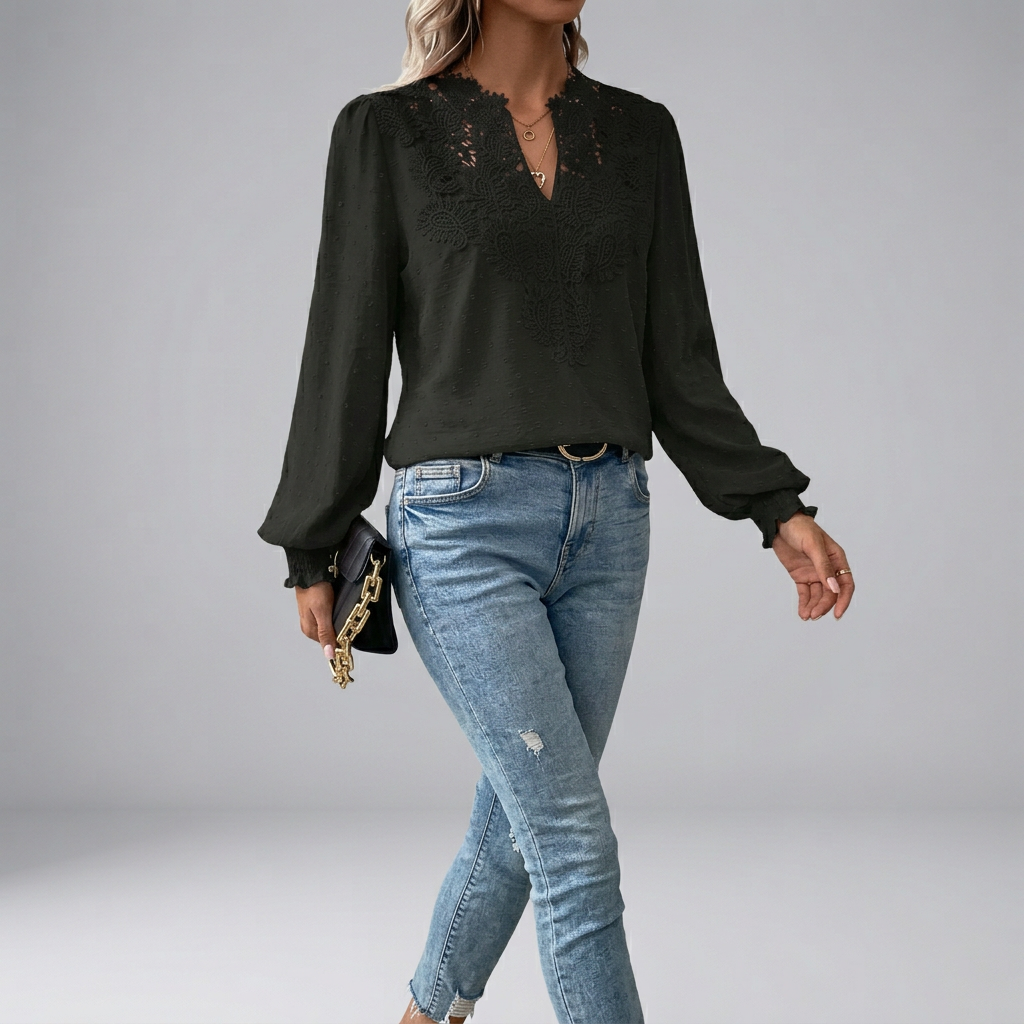 Women’s Long Sleeve V Neck Lace Panel Summer Blouse