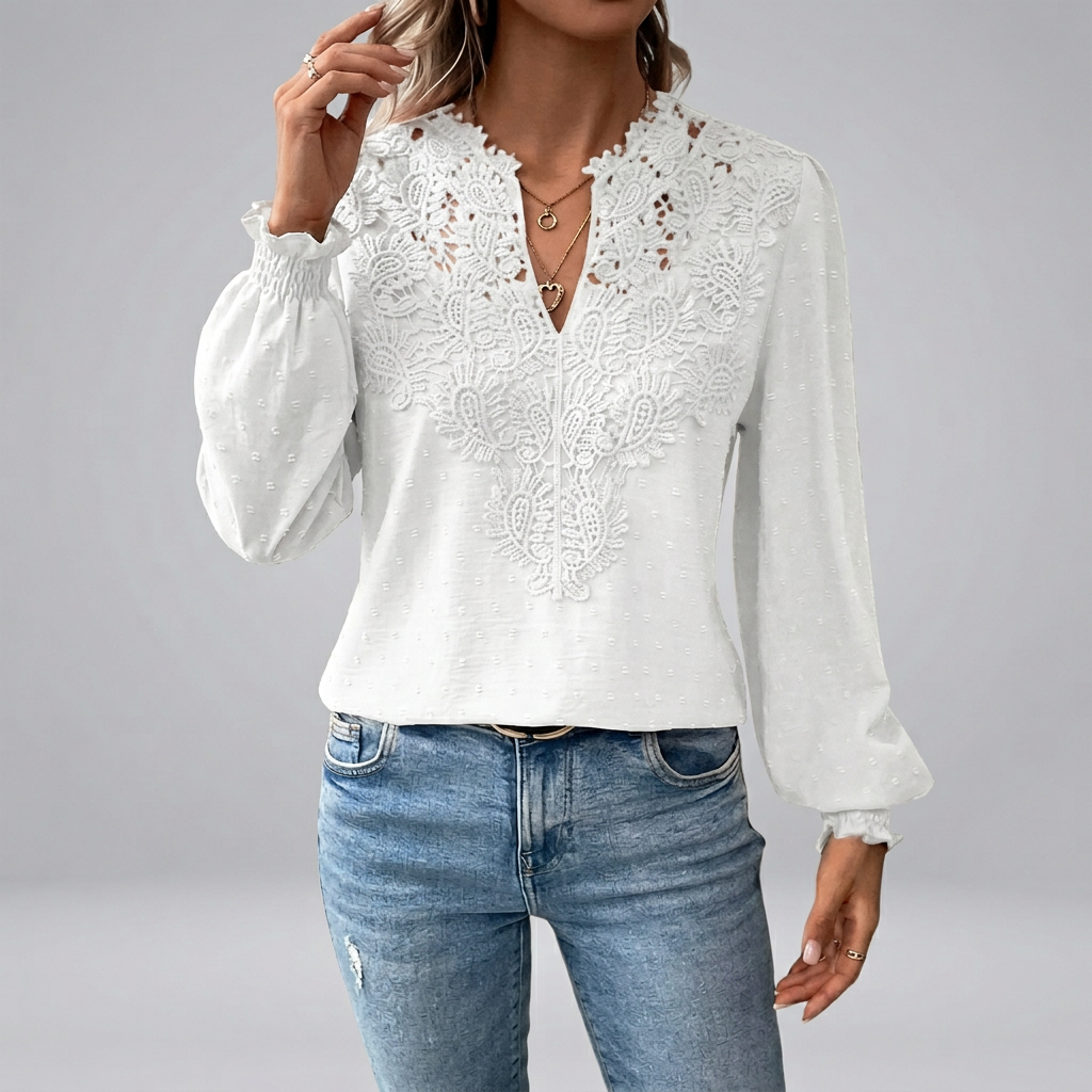 Women’s Long Sleeve V Neck Lace Panel Summer Blouse