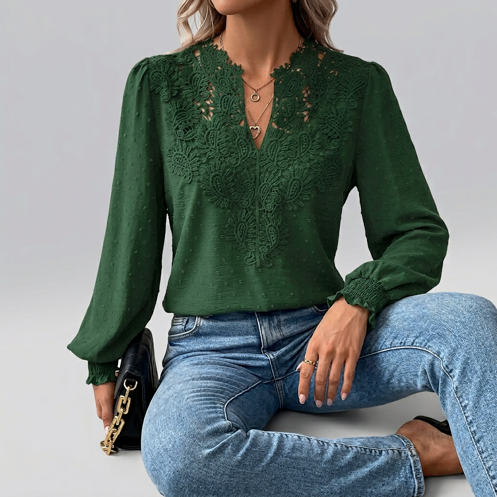 Women’s Long Sleeve V Neck Lace Panel Summer Blouse