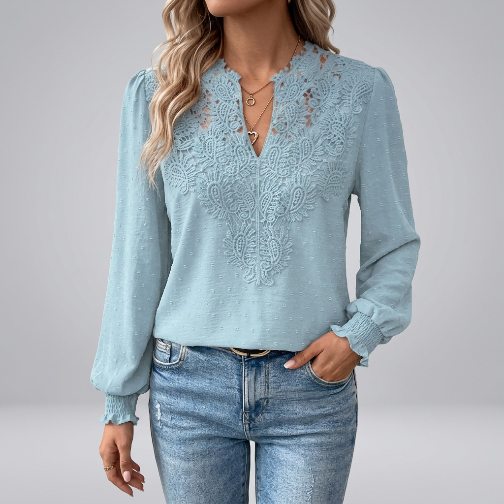 Women’s Long Sleeve V Neck Lace Panel Summer Blouse