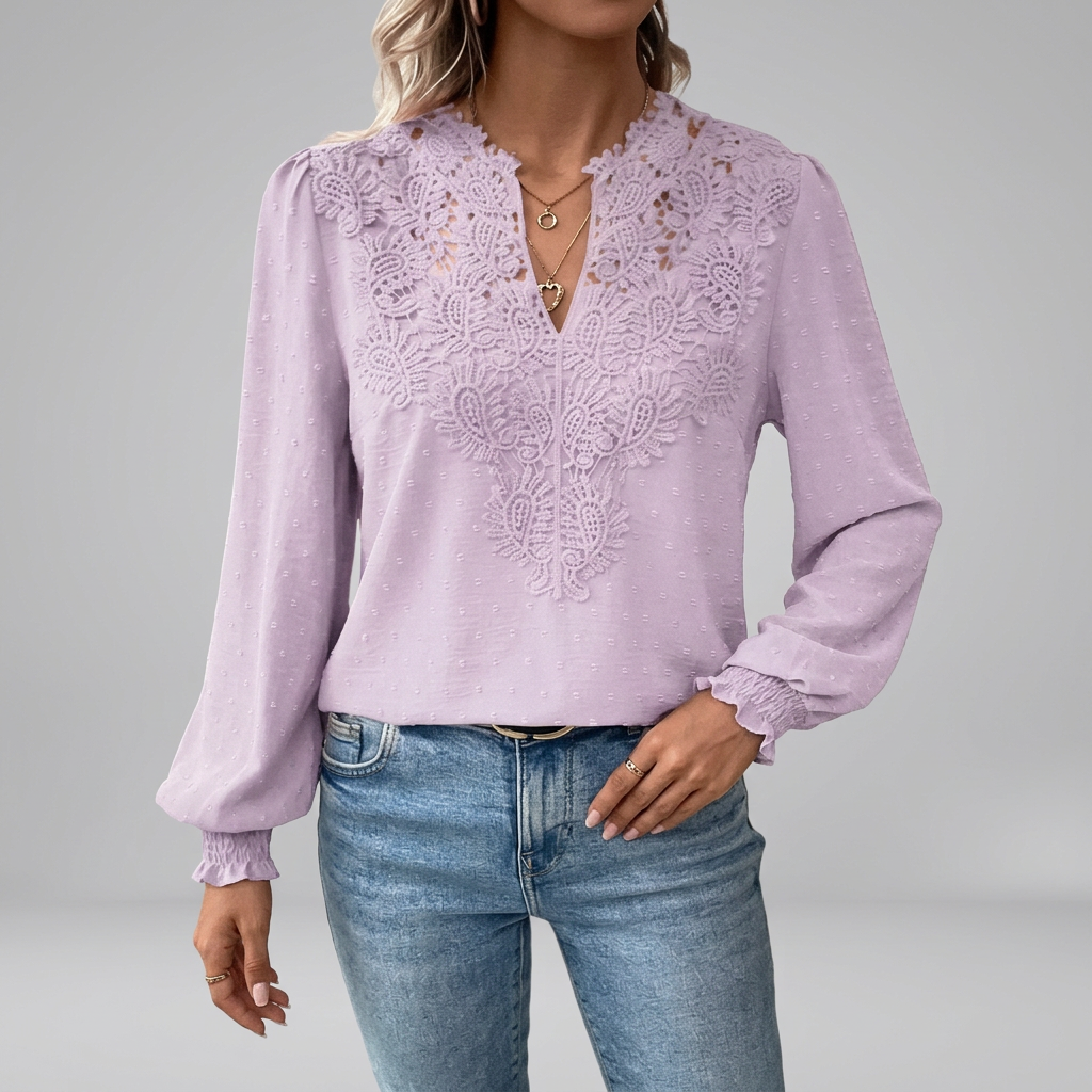 Women’s Long Sleeve V Neck Lace Panel Summer Blouse