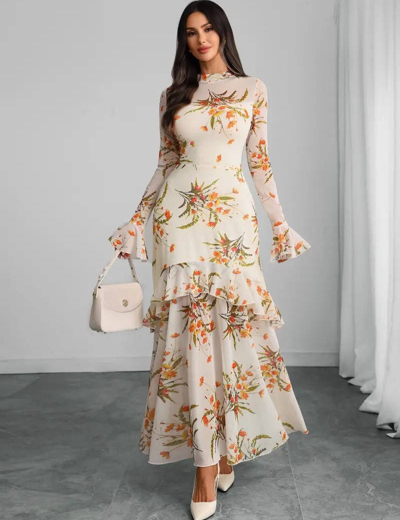 Women’s Mesh Maxi Dress with Floral Print