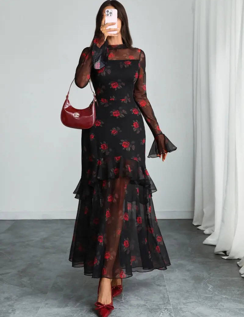 Women’s Mesh Maxi Dress with Floral Print