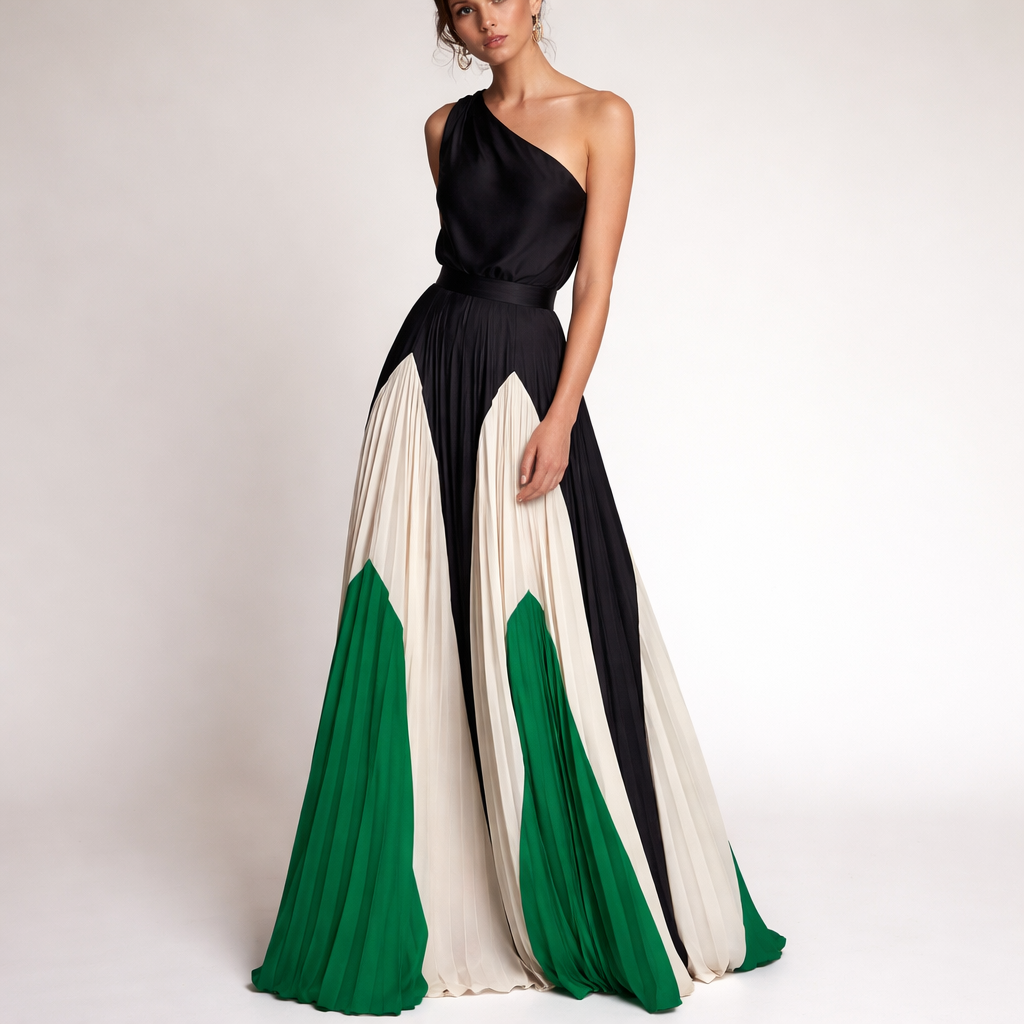 Women’s One Shoulder Color Block Pleated Maxi Dress