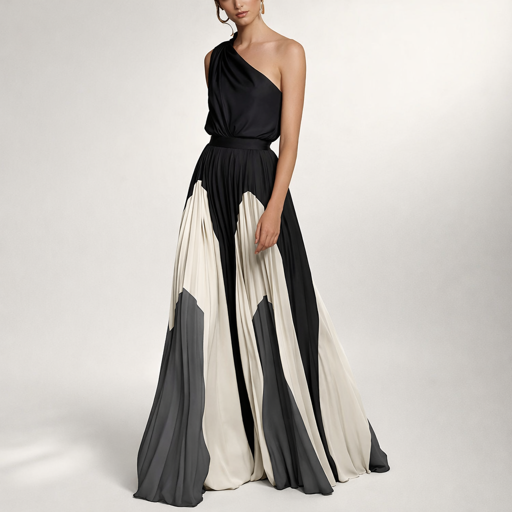 Women’s One Shoulder Color Block Pleated Maxi Dress